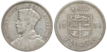 Фиджи 1 флорин 1934 Георг V (1910-1936), герб Фиджи KM 5 серебро    91-1141