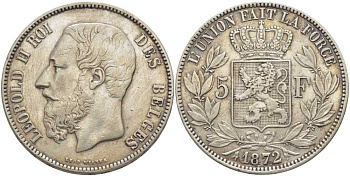Бельгия 5 франков 1872 Леопольд II (1865-1909) KM 24 серебро 5010-923