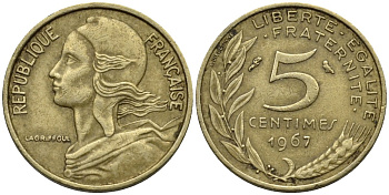 Франция 5 сантимов 1967 KM 933, Le Franc 125.3 медь алюминий никель 4124-1269