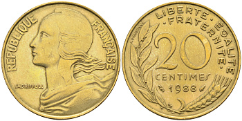 Франция 20 сантимов 1988 тип Marianne KM 930 медь алюминий никель    4177-132