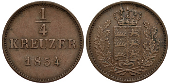 Вюртемберг 1/4 крейцера 1854 Вильгельм I (1816-1864) KM 585 медь 413-1333