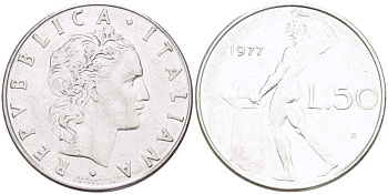 ИТАЛИЯ 50 ЛИР 1977 R, КУЗНЕЦ KM 95.1 нержавеющая сталь 4523-656