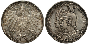 Пруссия 2 марки 1901 A, 200 лет Прусской королевской династии (Фридрих I - Вильгельм II) J.105, Weege 105, KM 525 серебро 413-3722