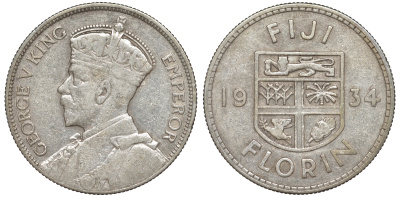 Фиджи 1 флорин 1934 Георг V (1910-1936), герб Фиджи KM 5 серебро    91-1141
