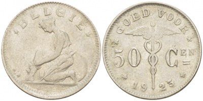 БЕЛЬГИЯ 50 САНТИМОВ 1923 BELGIE KM 88 никель 261-1657
