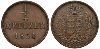 Вюртемберг 1/4 крейцера 1854 Вильгельм I (1816-1864) KM 585 медь 413-1333