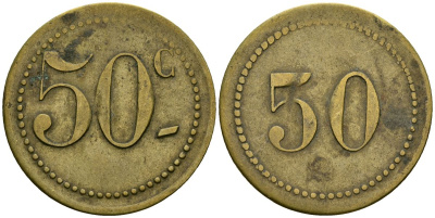 Франция 50 сантимов XIX-XX век ресторанный жетон латунь 4166-1224