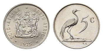 ЮАР 5 центов 1975 герб, райский журавль KM 84 никель UNC 4690-943