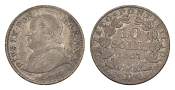Папская область 10 сольдо 1867 R, Пий IX (1846-1878) KM 1376 серебро 603-143