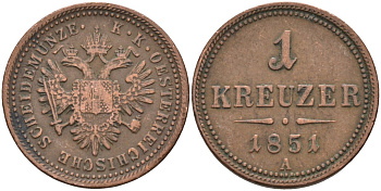 Австрия 1 крейцер 1851 A, Франц Иосиф I (1848-1916) KM 2185 медь 4586-442