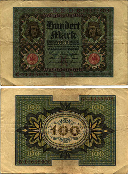 Германия 100 марок 1920 Бамбергский всадник, 8 цифр в номере, буква K Pick 69 b, Розенберг 69b бумага 8609-56-1