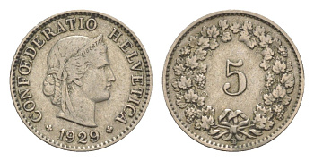 Швейцария 5 раппенов 1929 B KM 26 медно-никель 4630-1164