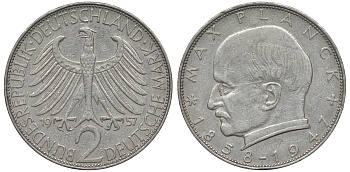 ФРГ 2 марки 1957 F, Макс Планк KM 116, J. 392 медно-никель плакированный никелем 72-231