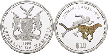Намибия 10 долларов 1995 олимпийские игры 1996 года в Атланте США, бег с гепардом, цветная эмаль, в коробке KM 11 серебро PROOF 6-5-3-36