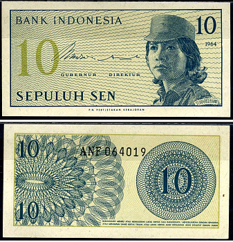 Индонезия 10 сенов 1964 девушка волонтер Pick 92 a бумага UNC (пресс) 7487-41-2-1