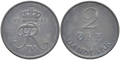 ДАНИЯ 2 ЭРЕ 1958 C;S, ФРЕДЕРИК IX (1947-1972) KM 840,2 цинк 202-653