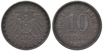 Германия 10 пфеннигов 1921 A KM 20, J. 298 железо 4119-121