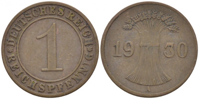 ГЕРМАНИЯ 1 РЕЙХСПФЕННИГ 1930 A KM 37, J. 313 бронза 110-224