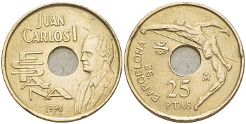 ИСПАНИЯ 25 ПЕСЕТ 1990 ОЛИМПИЙСКИЕ ИГРЫ В БАРСЕЛОНЕ 1992 ГОДА, ПРЫЖКИ В ВЫСОТУ, ХУАН КАРЛОС I (1975-) KM 851 никель бронза 4551-1013