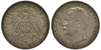 Баден 3 марки 1910 Фридрих II (1907-1918) J. 39, KM 280 серебро    3711-1643