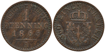 Пруссия 1 пфенниг 1865 А, Вильгельм I (1861-1888) KM 480 медь 4532-457