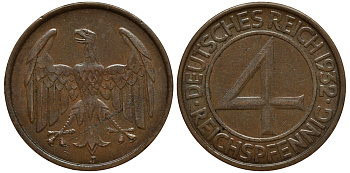 ГЕРМАНИЯ 4 РЕЙХСПФЕННИГА 1932 J KM 75, J. 315 медь 413-6033