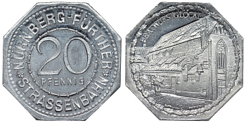 Германия, Нюрнберг - Фюрт 20 пфеннигов ND трамвайный жетон, Bratwurstgl?ckl алюминий UNC 4119-543