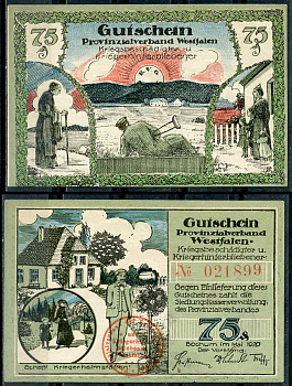 Германия, Бохум 75 пфеннигов 1920 нотгельд, осиротевшие семьи Li. 121, M 128.1 бумага UNC (пресс) 444-68-3-2