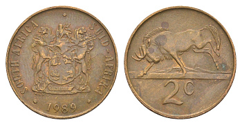 ЮАР 2 цента 1989 герб, антилопа гну KM 83 бронза 4621-166