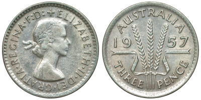 Австралия 3 пенса 1957 m, Елизавета II (1952-2022) KM 57 серебро 71-523