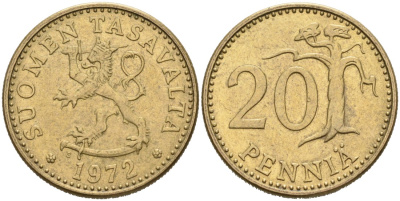 Финляндия 20 пенни 1972 S KM 47 алюминиевая бронза 4563-316