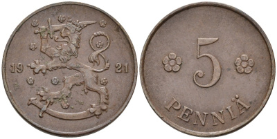 Финляндия 5 пенни 1921 KM 22 медь 96-327