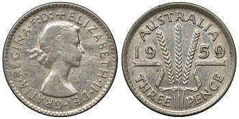 Австралия 3 пенса 1959 m, Елизавета II (1952-2022) KM 57 серебро 71-611