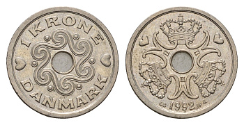 Дания 1 крона 1992 Маргрете II (1972-2024) KM 873 медно-никель 201-769