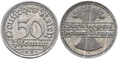 Германия 50 пфеннигов 1921 F KM 27, J.301, Weege 10 алюминий UNC 4584-743