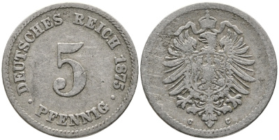 Германия 5 пфеннигов 1875 C, старогербовка KM 3, Jager 3, Weege 5 медно-никель 100-621