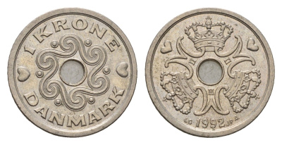 Дания 1 крона 1992 Маргрете II (1972-2024) KM 873 медно-никель 201-769