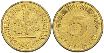 ФРГ 5 ПФЕННИГОВ 1980 G KM 107, J. 382 сталь плакированная латунью 4181-966