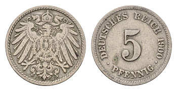 Германия 5 пфеннигов 1900 F, Вильгельм II (1888-1918) KM 11, J. 12 медно-никель 4632-1156