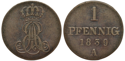 Ганновер 1 пфенниг 1839 A, Эрнст Август (1837-1851) KM 173.1, AKS 126, J. 54 медь 75-1042
