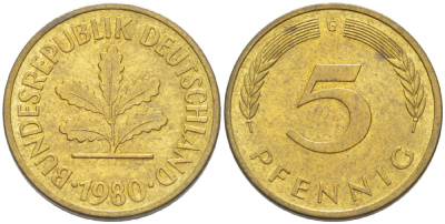 ФРГ 5 ПФЕННИГОВ 1980 G KM 107, J. 382 сталь плакированная латунью 4181-966