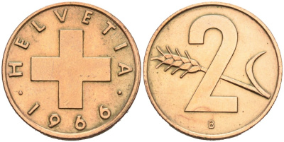 Швейцария 2 раппена 1966 В KM 47 бронза 4567-138