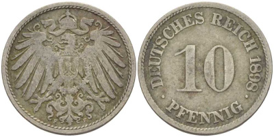 ГЕРМАНИЯ 10 ПФЕННИГОВ 1898 F KM 12, J. 13 медно-никель 4401-1023