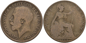 Великобритания 1/2 пенни 1918 Георг V (1910-1936) KM 809, Spink 4056 бронза 4146-136