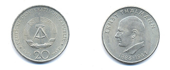 ГДР 20 марок 1971 A, 85 лет со дня рождения Эрнста Тельмана KM 34, J. 1535 медно-никель 3333-533