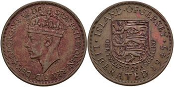 Джерси 1/12 шиллинга 1945 Георг VI (1937-1952), освобождение Джерси KM 19 бронза 4565-634