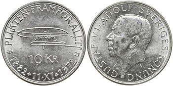 Швеция 10 крон 1972 U, 90 лет со дня рождения Густава VI Адольфа KM 847 серебро 180-634