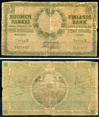 Россия для Финляндии 5 марок золотом 1909 (1918) серия II, без водяного знака Pick 30 (4)  бумага   437-65-3-2