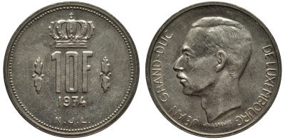 Люксембург 10 франков 1974 Великий герцог Жан (1964-2000) KM 57 никель 4536-534