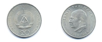 ГДР 20 марок 1971 A, 85 лет со дня рождения Эрнста Тельмана KM 34, J. 1535 медно-никель 3333-533